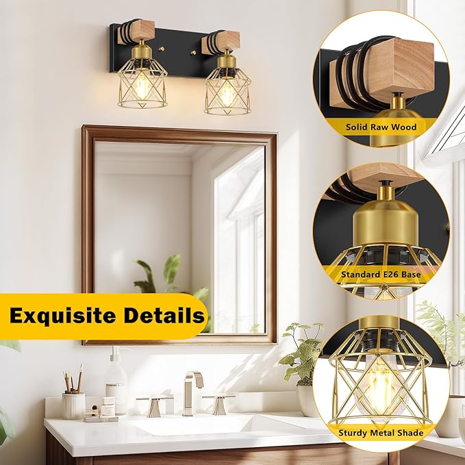 FadimiKoo Rustic Style Wood Bathroom Wall Sconces, 2-Light Black Gold Bathroom Vanity Light Fixtures with Metal Shade, Light Fixtures Wall Mount for Living Room, Hallway, Dressing Table