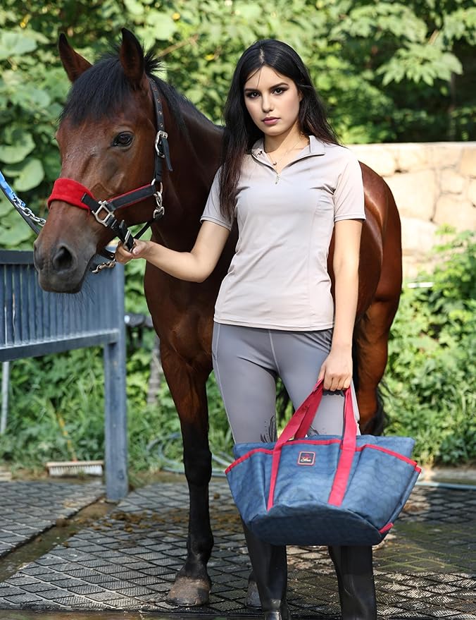 Horse Grooming Tote Bag, Waterproof Grooming Organizer with Multiple Pockets for Brushes & Tools, Stable & Show Use Navy