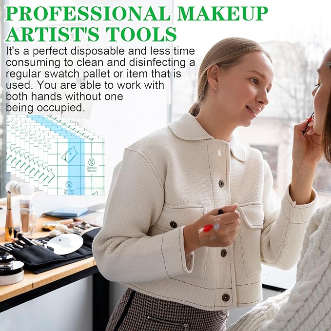 Qianyu 100 Pieces Makeup Hand Palette Single Use Makeup Mixing Palette Professional Makeup Artist Must Haves Disposable Transparent Waterproof Cosmetic Tray Adhesive Tape for Women and Girls