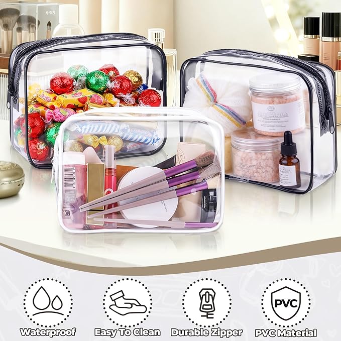 CHICAUP 6 Pieces Clear Makeup Bags Bulk TSA Approved Toiletry Bag for Travel PVC Waterproof Clear Cosmetic Pouch with Zipper for Men and Women Carry-on Travel Essentials (White)