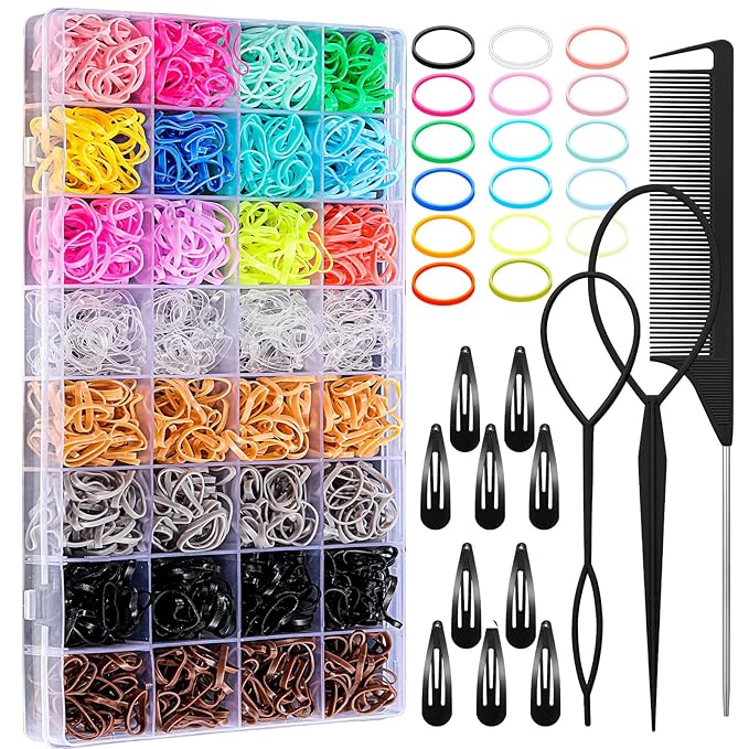 auroray Hair Ties, 17 Colors Elastic Hair Rubber Bands, 2000 Pcs Baby Hair Ties with Hair Styling Tools Organizer Box for Girls, Women, Toddler