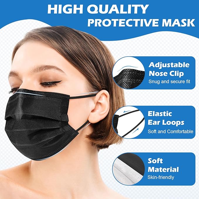 ZIYE 100/500 Pcs Disposable Face Masks, Breathable Mask 3 Layer with Nose Clip Elastic Earloop（Multicolor/Black）