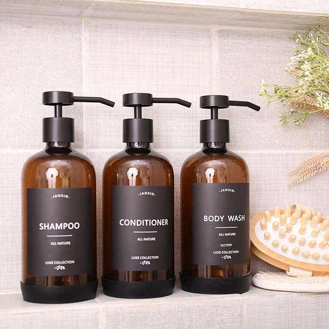 Janxin Shampoo and Conditioner Dispenser Set of 3,Refillable 21oz Shampoo Bottles with Non-Slip Protective Silicone Pad,Shower Soap Dispenser with Waterproof Labels for Bathroom (Amber)
