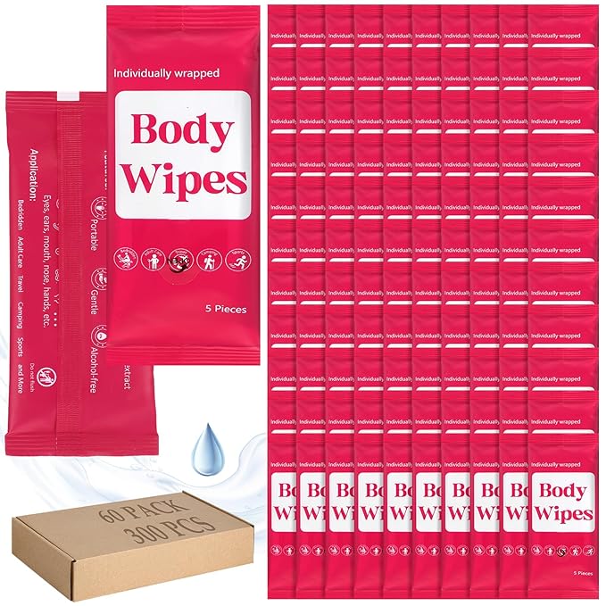 Threlaco 300 Pcs 60 Pack Body Wipes for Adults Bathing No Rinse Individually Wrapped Shower Wipes Washcloth with Aloe Cleansing Body Wash Cloths Disposable Bulk Deodorant Homeless(Blue Background)