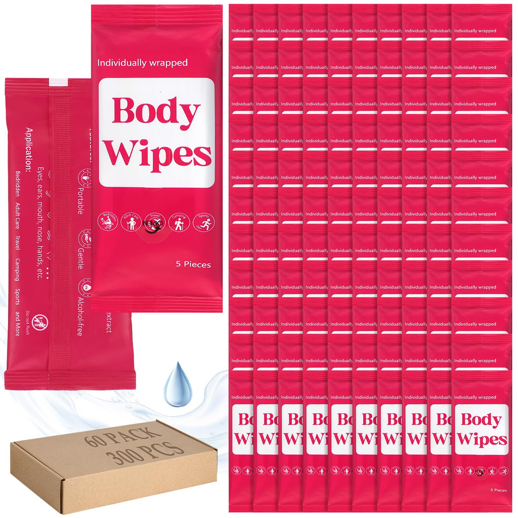 Threlaco 300 Pcs 60 Pack Body Wipes for Adults Bathing No Rinse Individually Wrapped Shower Wipes Washcloth with Aloe Cleansing Body Wash Cloths Disposable Bulk Deodorant Homeless(Rose Background)