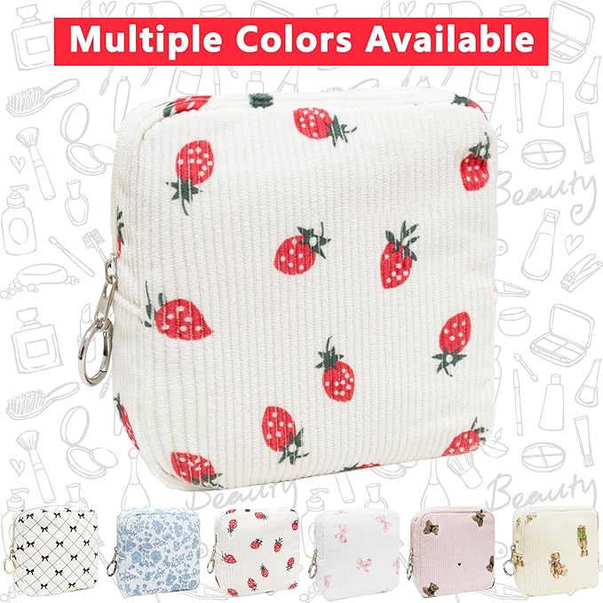Period Bag for Girls, Corduroy Sanitary Napkin Storage Bag, Period Pouch & Tampon Holder, Feminine Care Organizer（Strawberry）