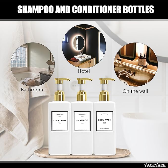 White With Gold Pump Shampoo Bottles Set of 3, 500ml Refillable Shower Dispenser, Rectangular Plastic Bottles with Pump, Glass & Metal Free