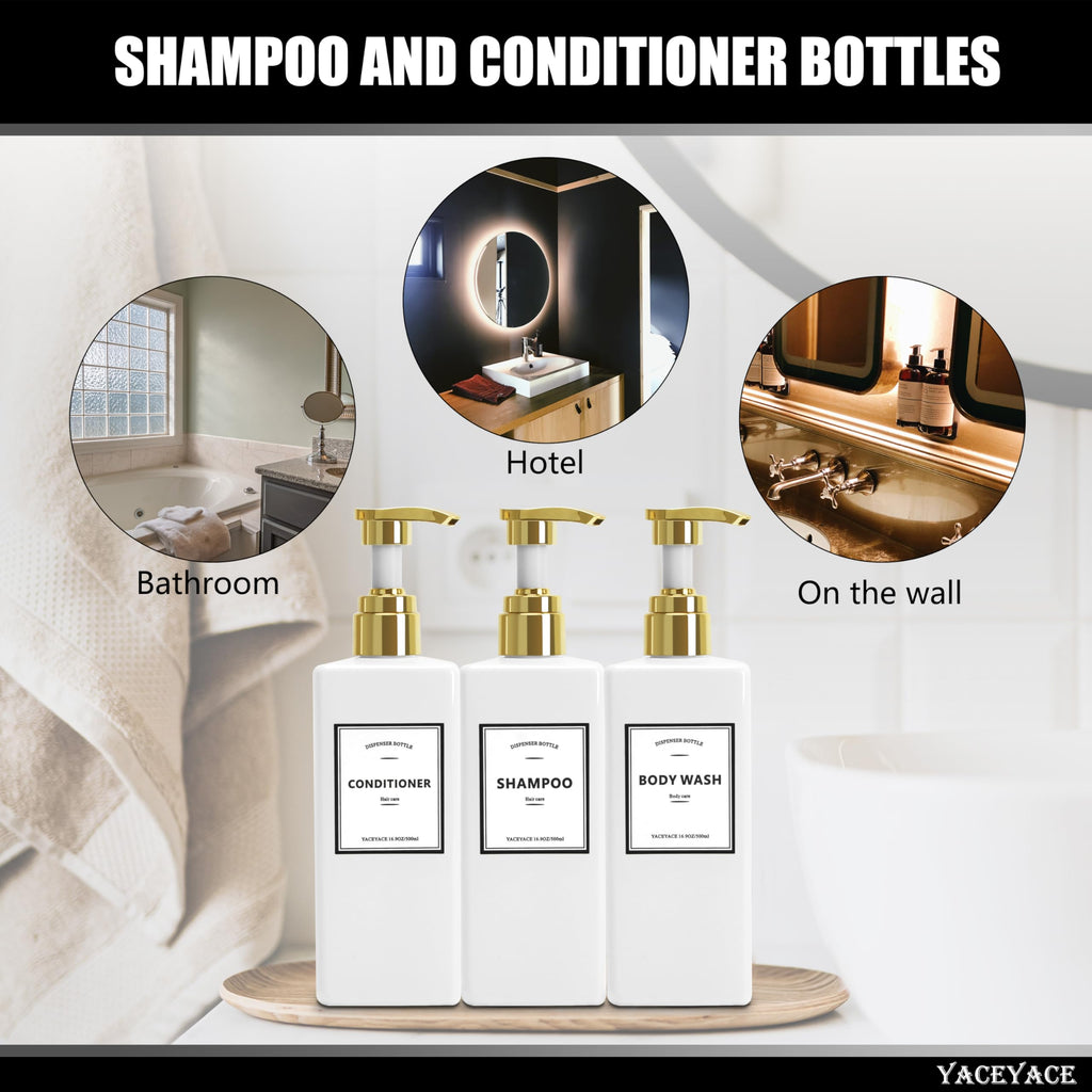 White Shampoo Bottles with Gold Pump, YACEYACE 16.9oz Set of 3 Empty