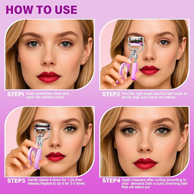 Eye Lash Curler with 6 Boxed Replacement Pads, Goldenrich Eyelash Curlers Painless Perfect Curl, Nice and Easy to Identify, Valentine's Day for Her, Teenagers, Beauty Enthusiasts-Silver Purple Pink