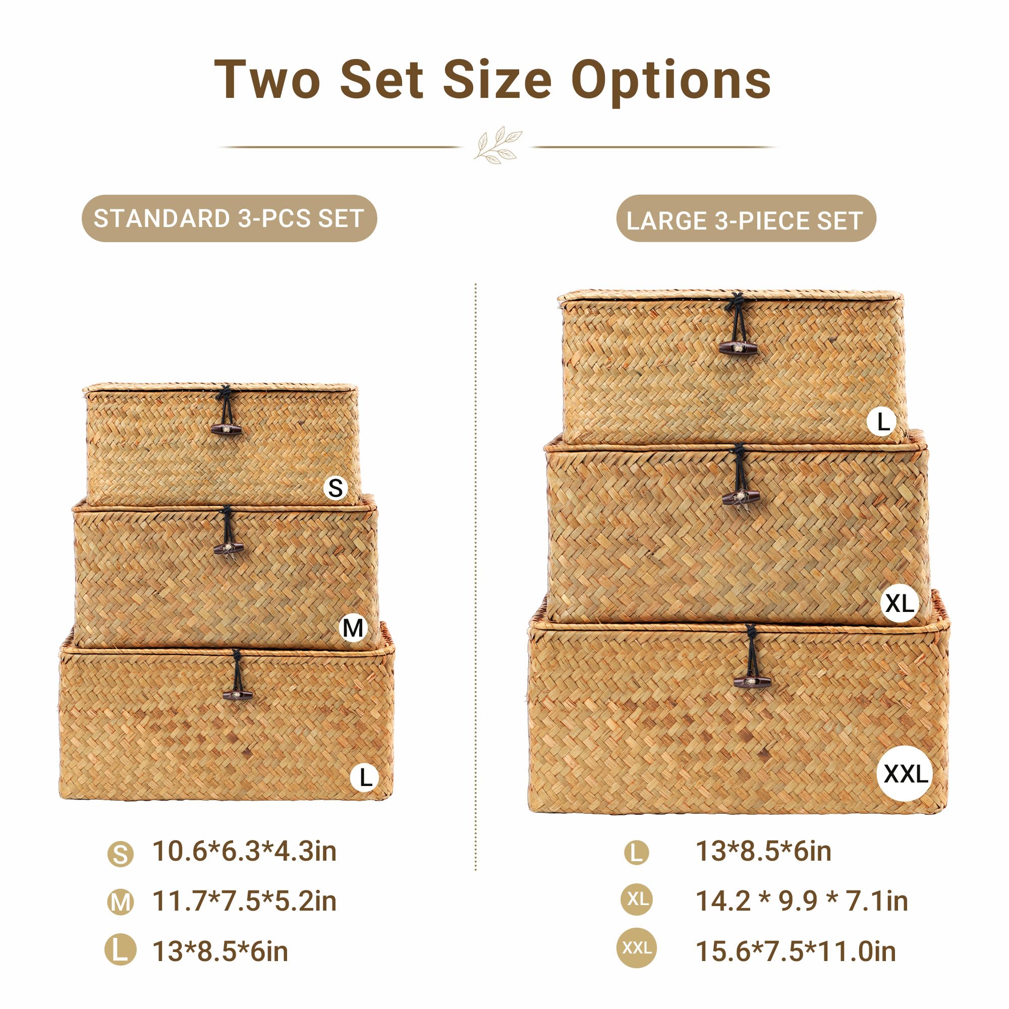 Nonam Storage Basket with Lid, Natural Seagrass Bin with Lid Set of 3, Shelf Baskets Multipurpose Container for Boho Decoration, Rectangular Household Storage Boxes for Home Organization-Natural