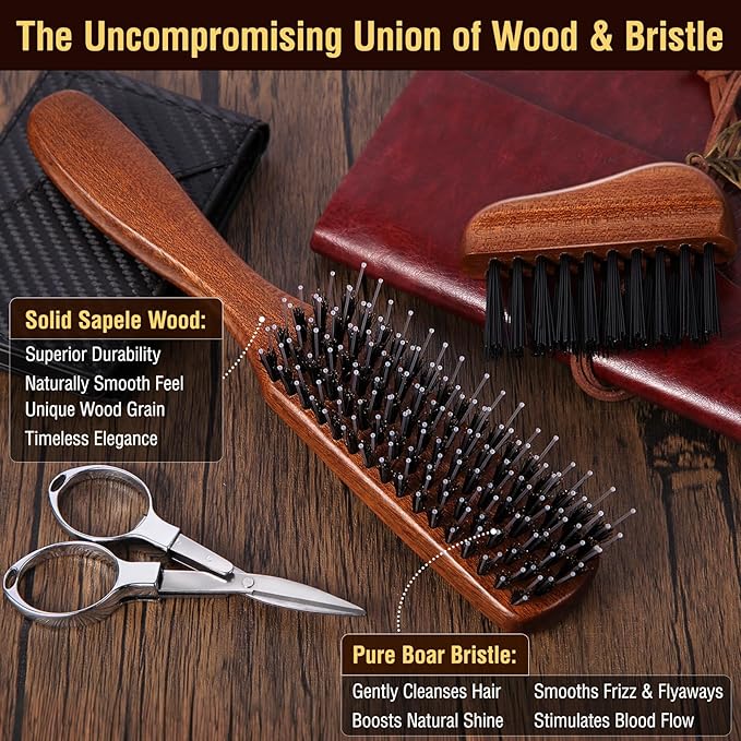 URTHEONE Premium Boar & Nylon Bristle Grooming Set - Sapele Wood Handle Hair & Beard Brush with Cleaning Brush & Folding Scissors