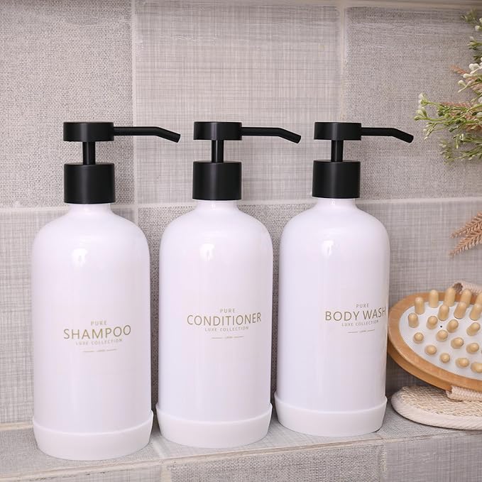 Janxin Shampoo and Conditioner Dispenser Set of 3,Refillable 21oz Shampoo Bottles with Non-Slip Protective Silicone Pad,Shower Soap Dispenser with Waterproof Labels for Bathroom (White)