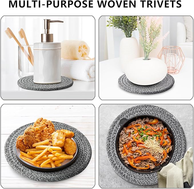 Coga Trivets for Hot Dishes, 5 Pack 7 Inch Cotton Hot Pads for Kitchen with Storage Basket, Round Pot Holders for Kitchen, Heat Resistant Mats for Countertop, Pots and Pans, Farmhouse Decor, D Grey