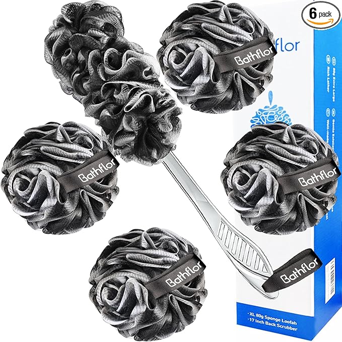 Bathflor Loofah Sponge Exfoliating Body Scrubber: 4PCS Extra Large 80g Shower Loofahs Poufs, 1PCS Long Handle Loofa Back Scrubber, 1PCS Luffa Hook, Charcoal Loofah Pack for Women Men Bath Wash, Black