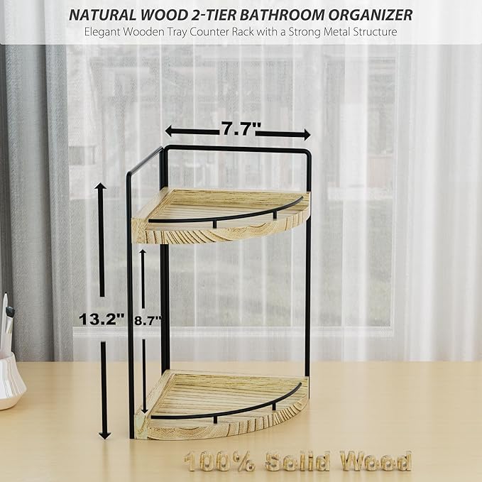 CeleVista Corner Bathroom Counter Organizer, 2 Tier Wood Vanity Storage, Waterproof Skincare Shelf for Kitchen & Toiletries Decor, Dresser (Rustic-2 Tier)