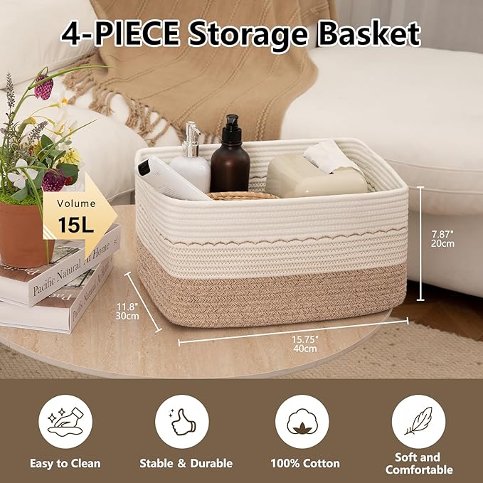 4 Pack Storage Baskets for Organizing, 15.75''x11.8''x7.87'', Decorative Cotton Rope Baskets for Shelves, Small Woven Basket for Toys, Books and Towels, Brown&White