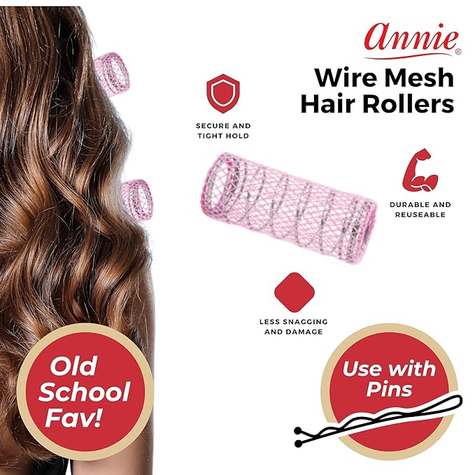 Annie Wire Mesh Rollers – Large 1 1/2 Inch Hair Curlers for Tight Curls & Ringlets, Heatless Styling Tools for Short to Long Hair – 12 Count (Pink)