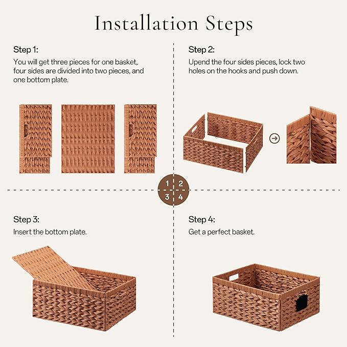 UBBCARE Storage Baskets with Label, Wicker Pantry Baskets for Shelves, Waterproof Woven Basket for Organizing, 2-Pack Plastic Rectangle Organizers with Handles,Light Brown (16.5L×13W×7.5H)