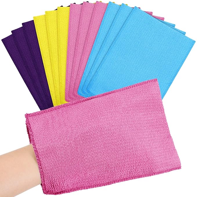 Tatuo 12 Pack Korean Exfoliating Mitt & Cloth, Viscose Rayon Dead Skin Remover Washcloth, Multi Color Body Scrub Towel for Shower Spa Travel(Large,Purple, Yellow, Pink, Blue)