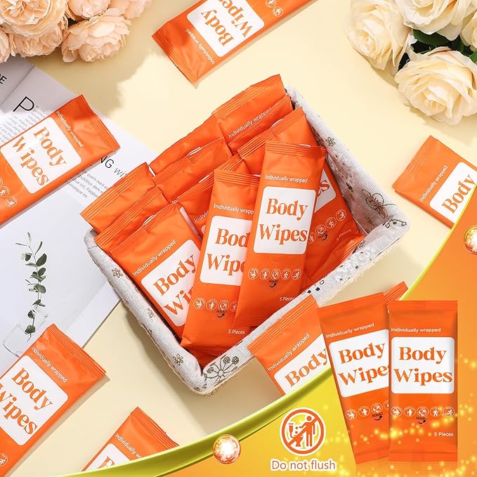Threlaco 300 Pcs 60 Pack Body Wipes for Adults Bathing No Rinse Individually Wrapped Shower Wipes Washcloth with Aloe Cleansing Body Wash Cloths Disposable Bulk Deodorant Homeless(Orange Background)