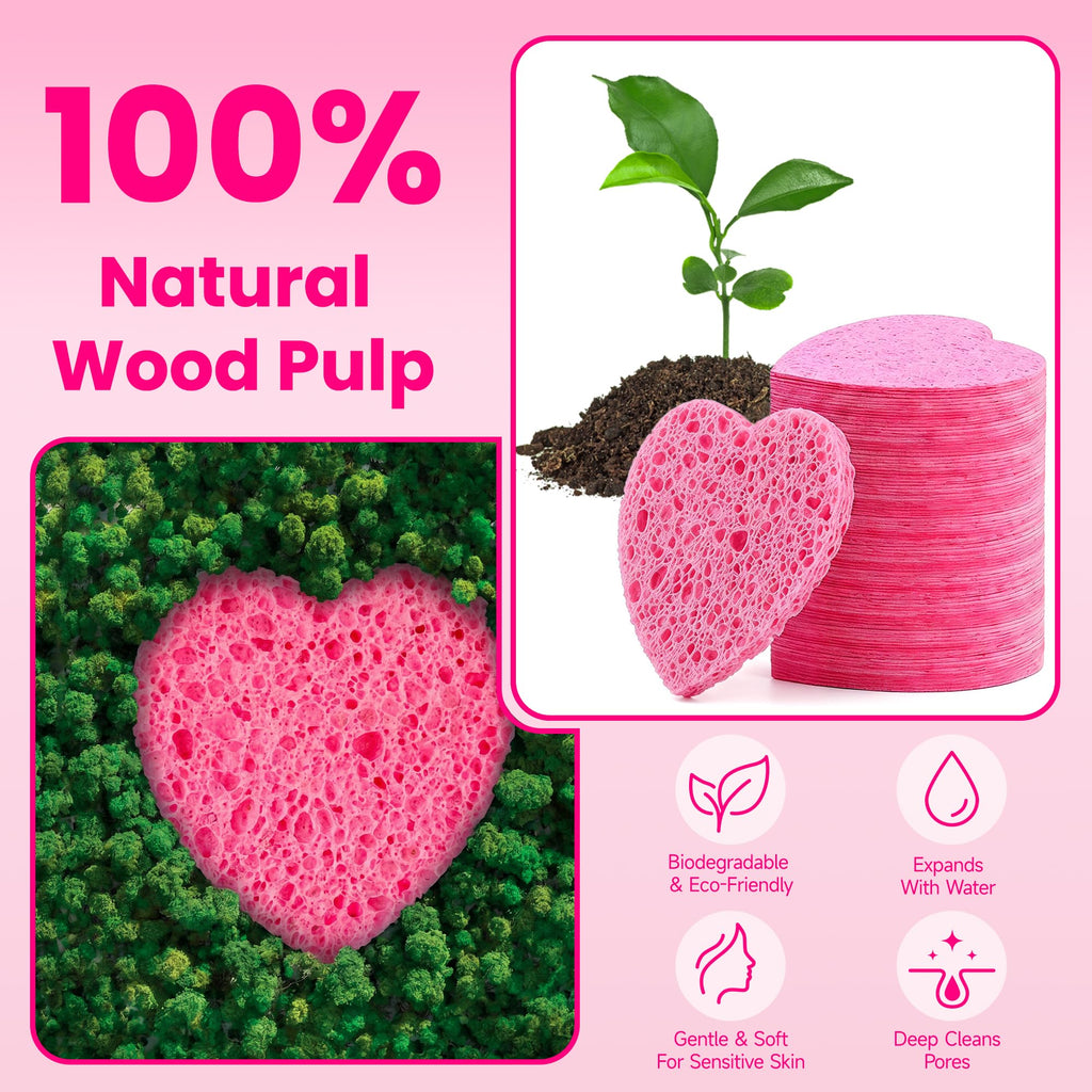 Silkyhose Women 120-Count Compressed Cellulose Heart Shape Face Facial Sponges 100% Natural Cosmetic Sponges for Facial Cleansing Exfoliating Mask Skin Massage (（Pink） 120 Count)