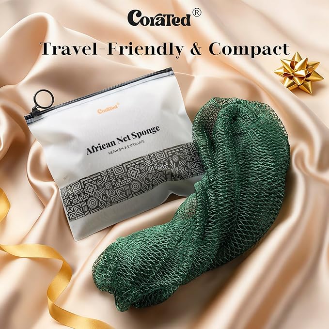 CORATED African Net Sponge Authentic, Shower Net with Knots Loofah Exfoliating Bath Sponge, Body Scrubber for Women Daily Use Body Care, Travel Portable Bath Accessories for Bathroom (Black & Grey)