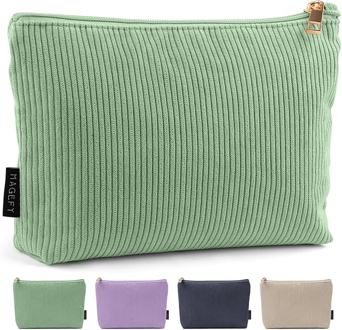 MAGEFY Small Makeup Bag for Purse Corduroy Makeup Bag with Inner Zipper Pockets Travel Cosmetic Bag for Women Preppy Stuff Gifts, Green
