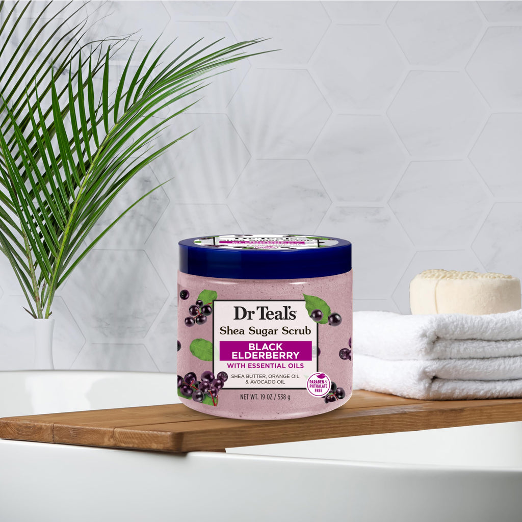 Dr Teal's Shea Sugar Body Scrub, Black Elderberry with Essential Oils, 19 oz (Pack of 3)