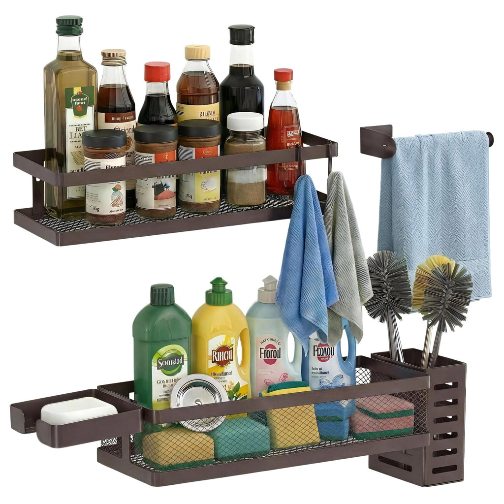 PUSDON 5-in-1 Shower Caddy & Kitchen Organizer Set, Wall Mount Wide Spice Rack with Paper Towel Holder, Utensil Holder, Soap Dish, Rustproof Mesh Baskets Hold 50LBS - Vintage Bronze, Guardrail