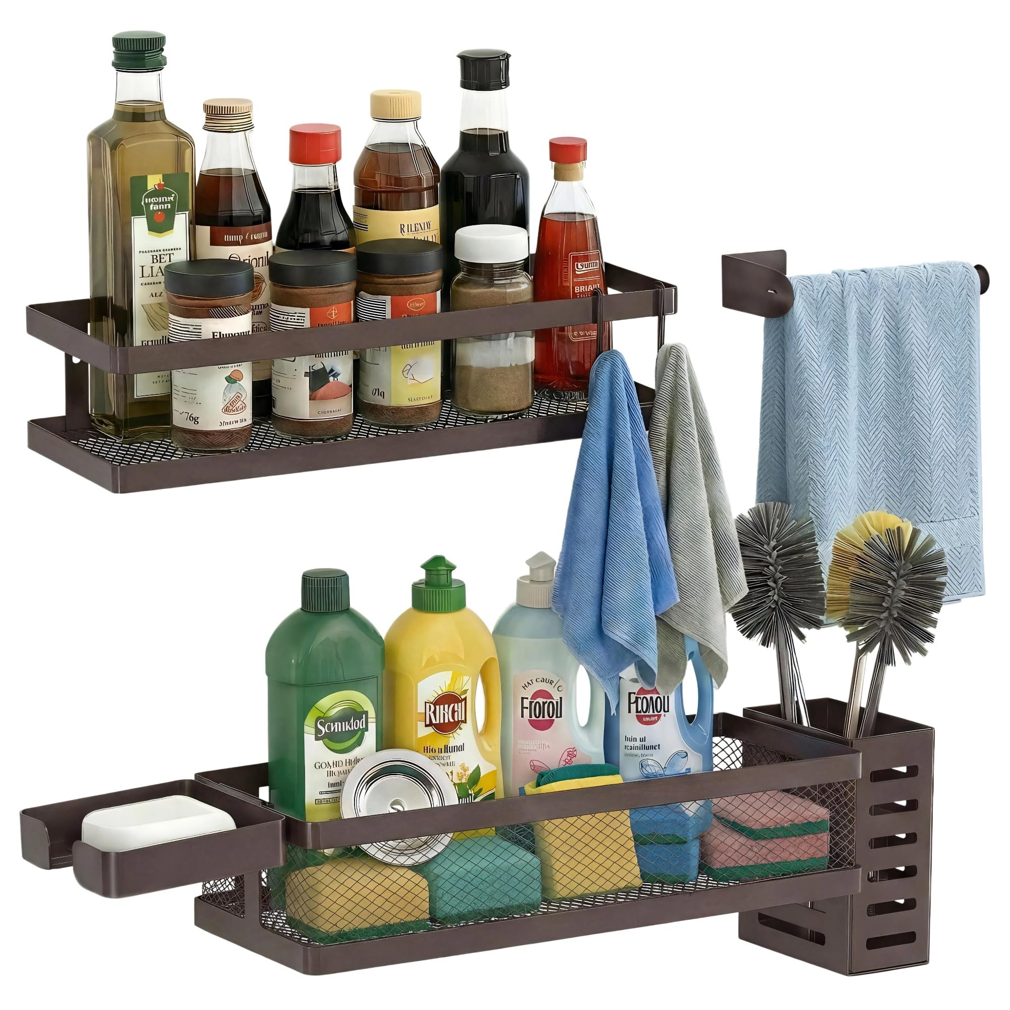 PUSDON 5-in-1 Shower Caddy & Kitchen Organizer Set, Wall Mount Wide Spice Rack with Paper Towel Holder, Utensil Holder, Soap Dish, Rustproof Mesh Baskets Hold 50LBS - Vintage Bronze, Guardrail