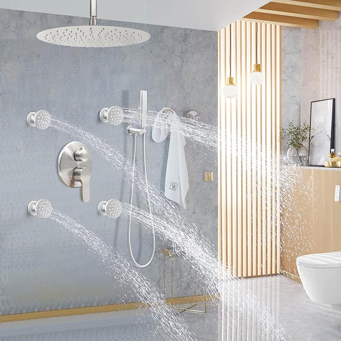 Brass Shower Body Jets with Adjustable Flow, Massage Spa Brushed Nickel Round Body Spray Shower Side Wall Sprayer Head Jets, 4 pcs, Water Saving