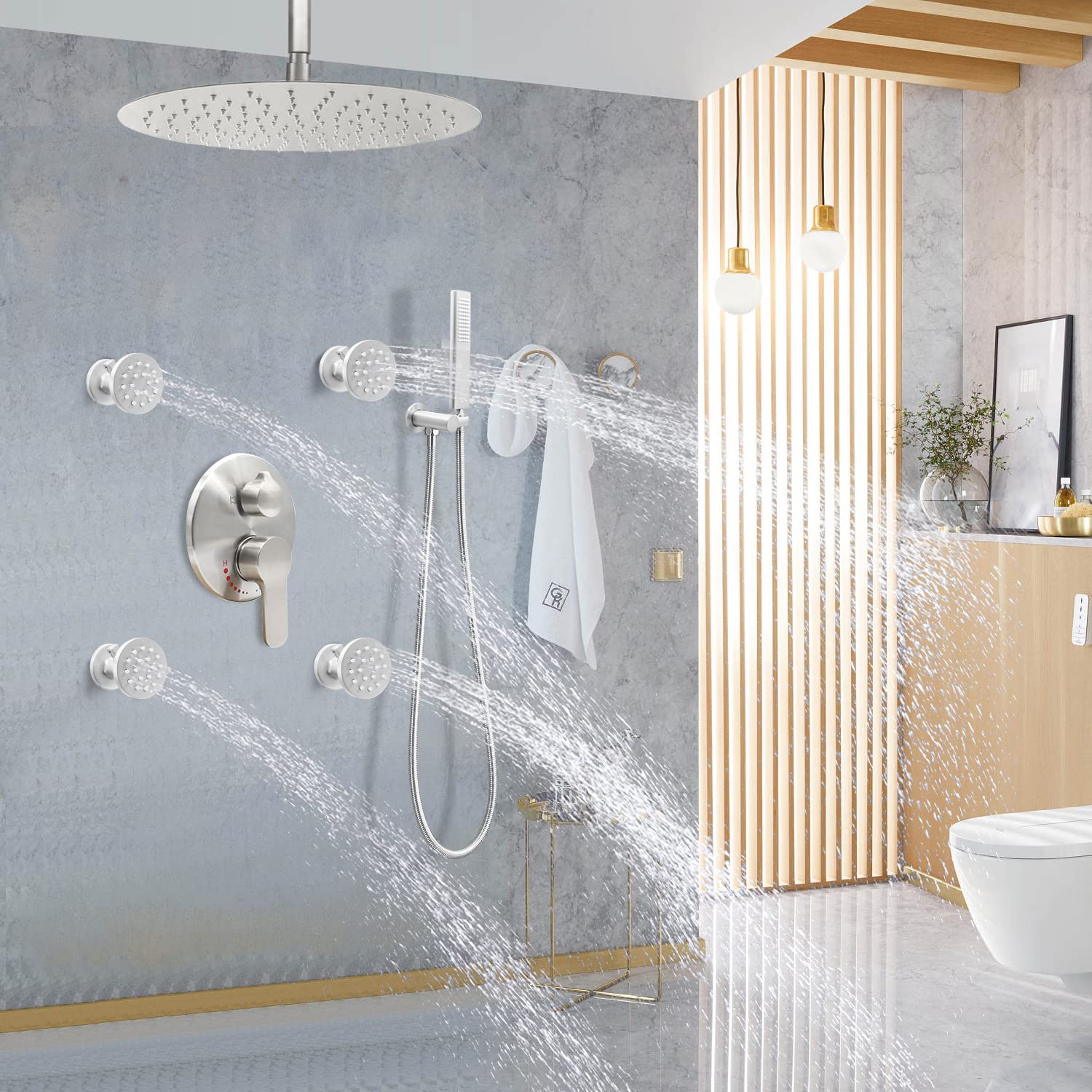Backnets Brass Shower Body Jets with Adjustable Flow, Massage Spa Brushed Nickel Round Body Spray Shower Side Wall Sprayer Head Jets, 4 pcs, Water Saving
