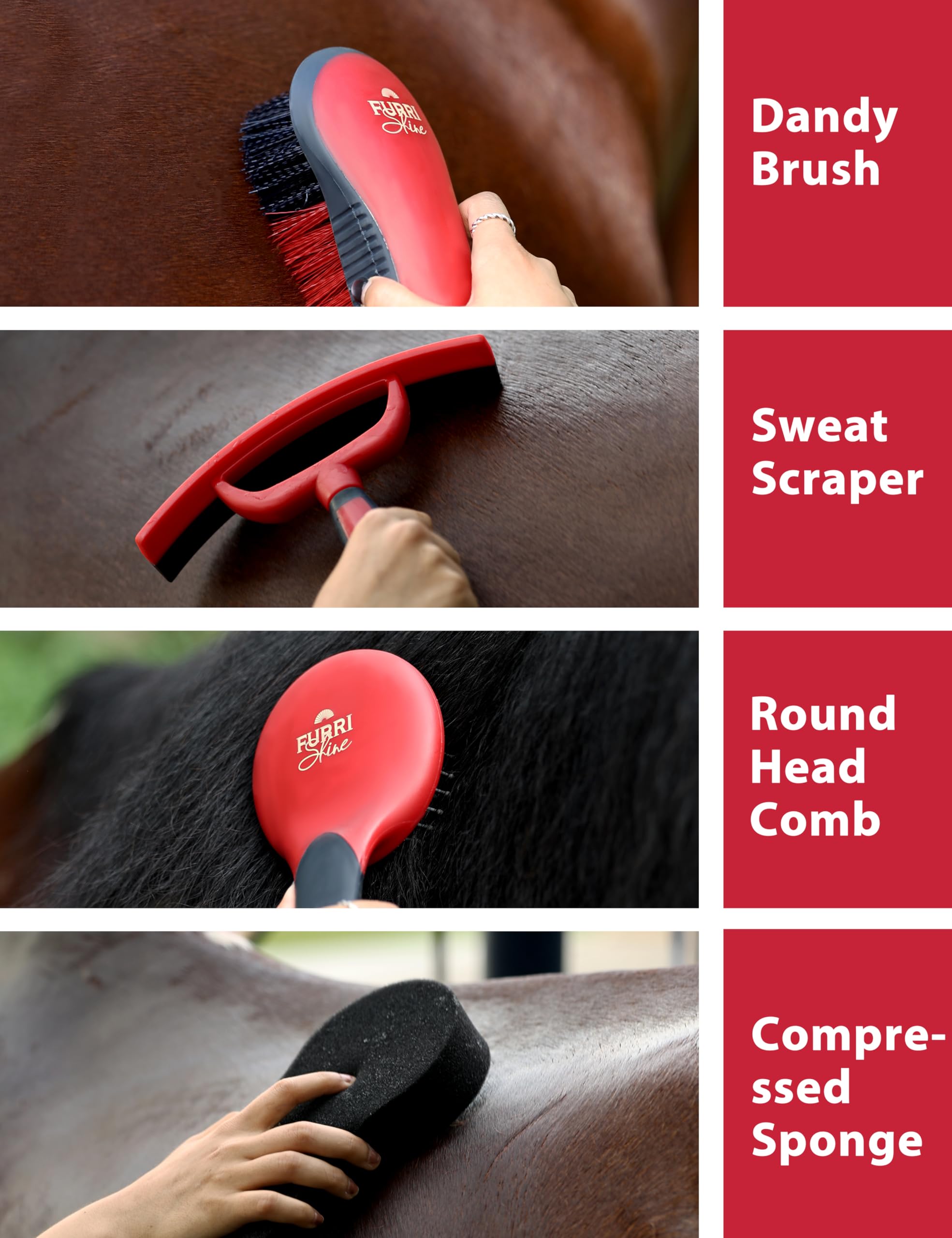 Furrishine Horse Grooming Kit, 9 Piece Grooming Brush Set with Silicone Curry Comb for Bathing & Shedding Shadowberry