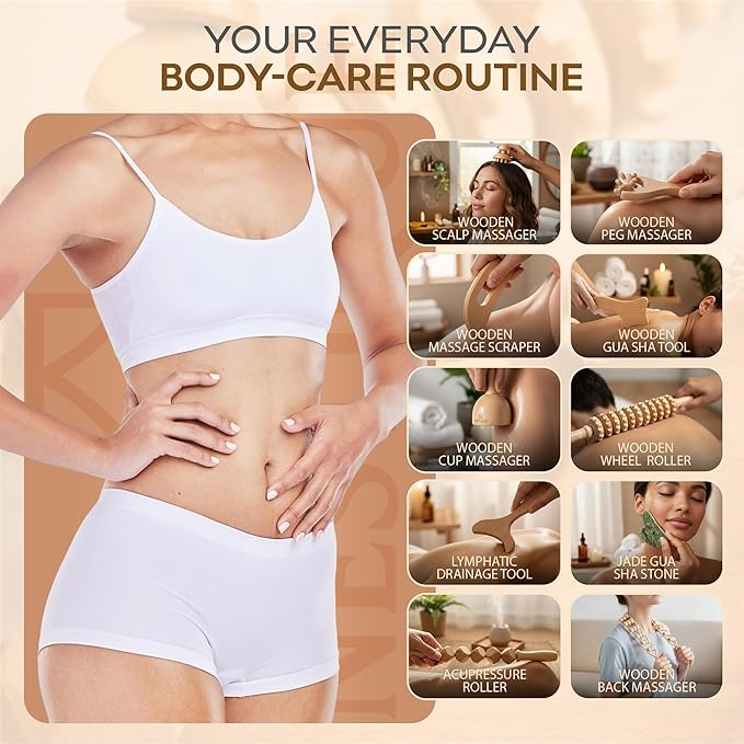 NESTIQUE 10 in 1 Wood Therapy Massage Tools for Body Shaping with Gua Sha Stone – Lymphatic Drainage kit for Muscle Pain Relief, Maderoterapia Professional kit for Body Sculpting