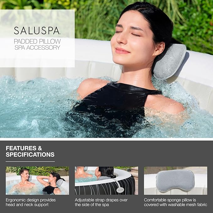 Bestway 2 Pack SaluSpa Padded Headrest Pillows with Adjustable Strap to Adjust Height, Washable Mesh Cover, Compatible with SaluSpa Hot Tubs, Gray