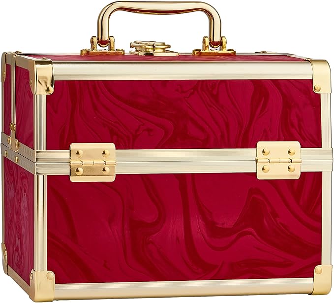 GALHUBIS Makeup Train Case, Portable Makeup Case with Mirror, 2-Trays Cosmetic Organizer Case,Nail Polish Organizer, Travel Makeup Box, Profesional for Salon Barber, Pattern Red