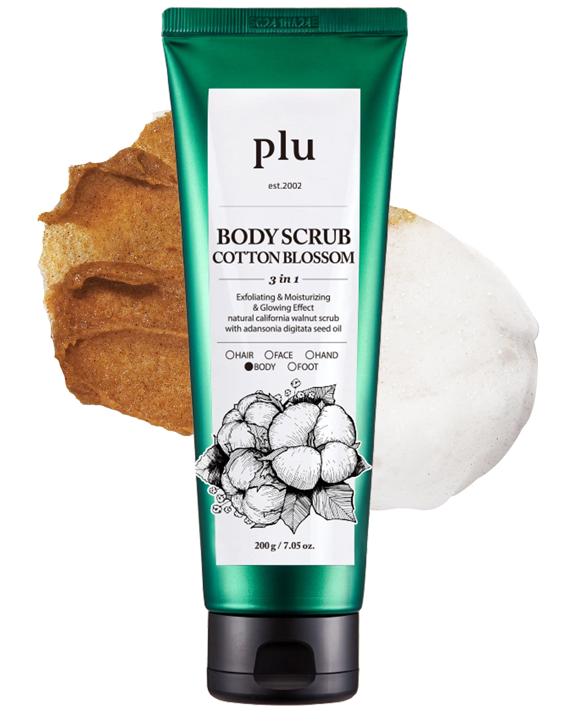 PLU Korean Original Walnut Body Scrub Polish - Cotton Blossom - Exfoliating, Hydrating & Smoothing for Radiant Skin Texture - Cozy Soap & Floral Scent, 7.05 oz.