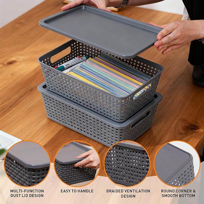Anywish Plastic Storage Baskets With Lid, Storage Bins for Organizing, Stackable Decorative Containers for Shelves Drawers Desktop Closet Playroom Classroom Office, 6 Pack-Grey
