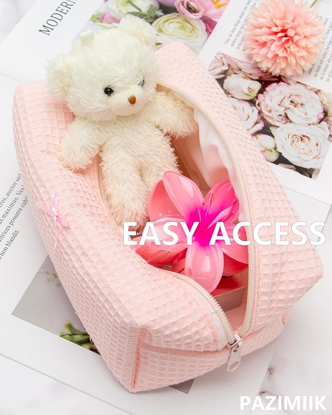 PAZIMIIK Cozy Makeup Bag for Women,Zipper Cosmetic Pouch,Waffle Pink,6 Pack