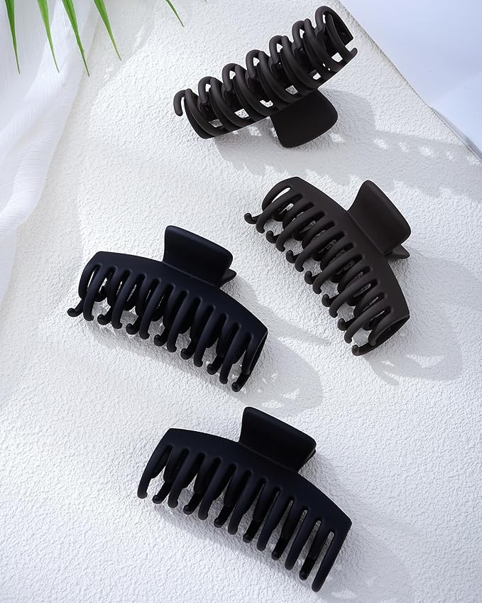 Mesovor 4 Pack Double Row Teeth Hair Claw Clips, 3.5" Large Strong Hold Matte Hair Clips for Thin and Short Fine Hair Accessories (2pcs Black, 2pcs Dark Brown)