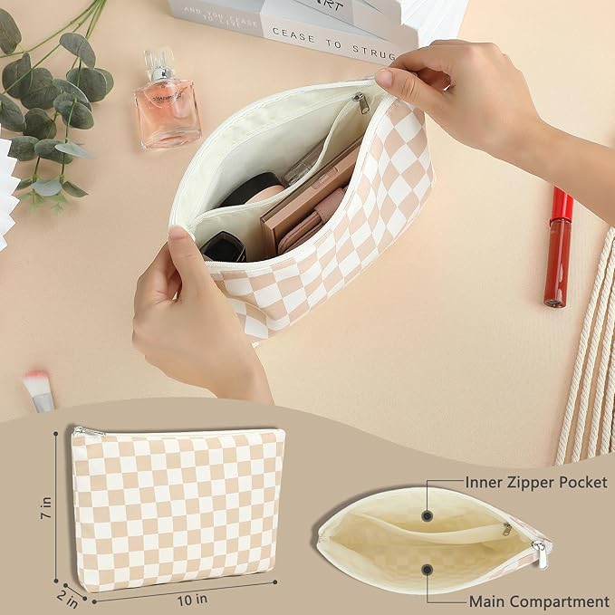 Fammart Checkered Makeup Bag, Travel Cosmetic Bag Organizer Toiletry Bag Make Up Bags with Zipper & Compartments for Women Girls