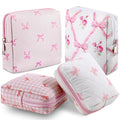 Paterr 4 Pcs Mini Quilted Floral Makeup Bag Pink Bow Cosmetic Bag Small Coquette Quilted Pouch with Zipper Cute Kawaii Cotton Travel Toiletry Bags for Girls Back to School Teacher Students Gifts