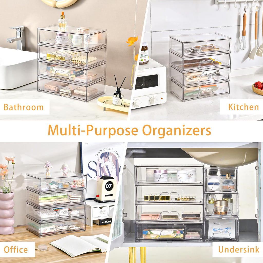 3 Pack Stackable Makeup Organizer, 12.1''L Acrylic Bathroom Organizer and Storage Undersink Drawer, Cosmetics and Beauty Supplies,Clear Plastic Storage Bins for Vanity,Pantry,Desk,Cabinet,Kitchen