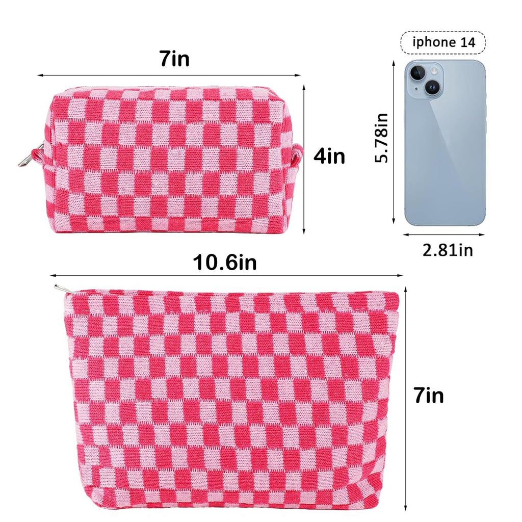 ZLFSRQ 2Pcs Makeup Bag Checkered Cosmetic Bag Set Travel Toiletry Bags for Purse Large Small Makeup Pouch for Women Cute Preppy Pencil Pouch Case Pink Zipper Skincare Bags