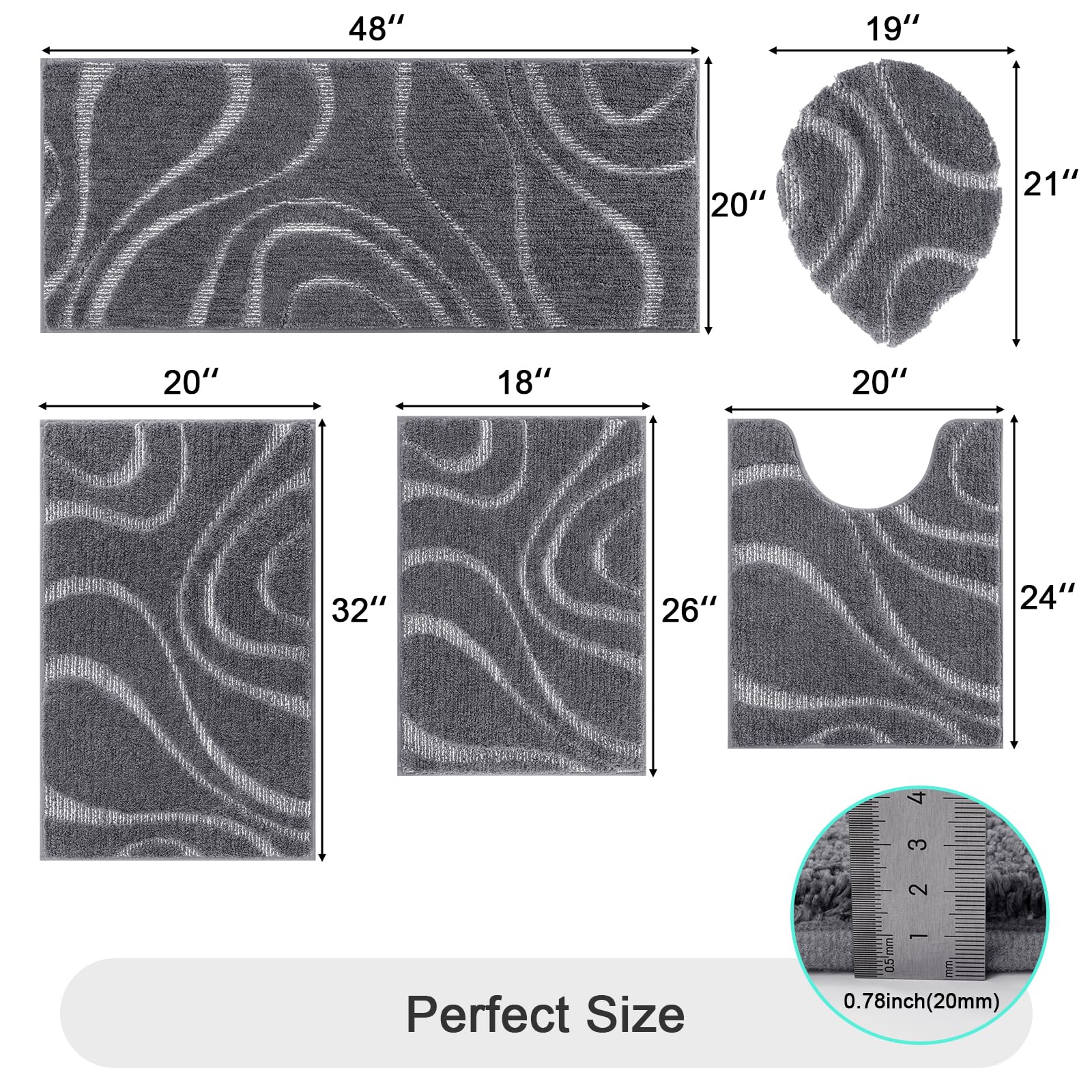 HEBE Bathroom Rugs Sets 5 Piece, Non Slip Washable Absorbent Bath Mat Set