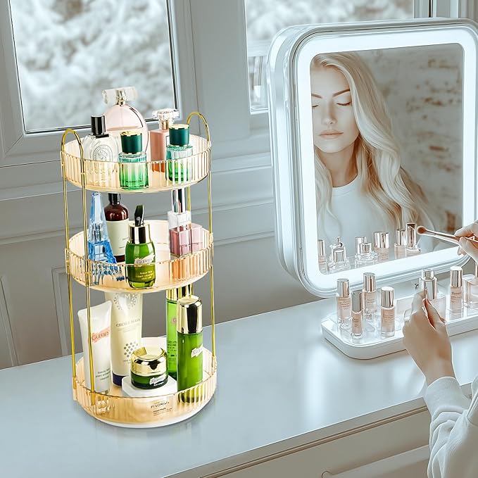 Niluks 360 Rotating Makeup Organizer - Large Capacity Spinning Perfume & Cosmetic Skincare Holder for Vanity & Countertop (Vibrant Orange, 3 Tier)