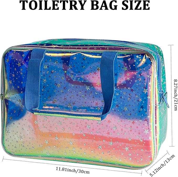 TotePrint Holographic Blue Clear Star Large Cosmetic Bag and TPU Travel Pouch with Handle,Durable Material,Zipper Design-Ideal for Makeup,Travel Essentials (Holographic Blue+Star)