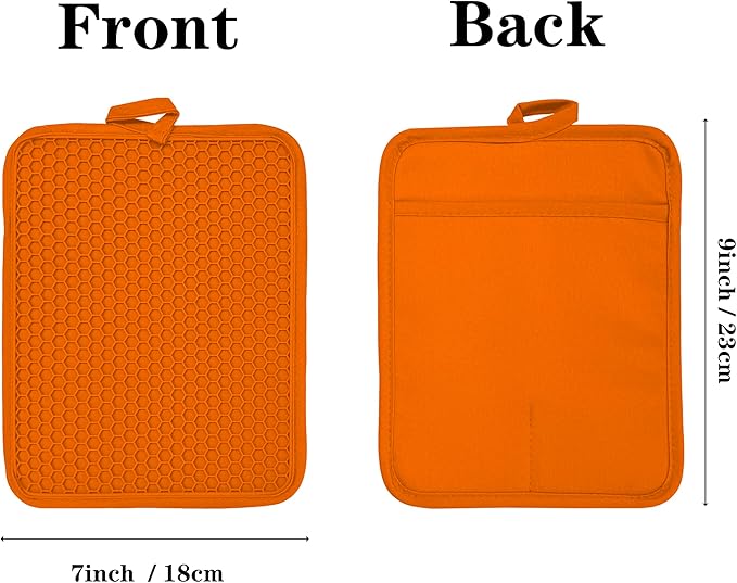 VEIKERY Oven Pot Holder with Pocket Cotton Heat Resistant Coaster Potholder Kitchen Hot Pad Oven Mitts for Cooking and Baking Square 7"x9" (Orange, Silicone)