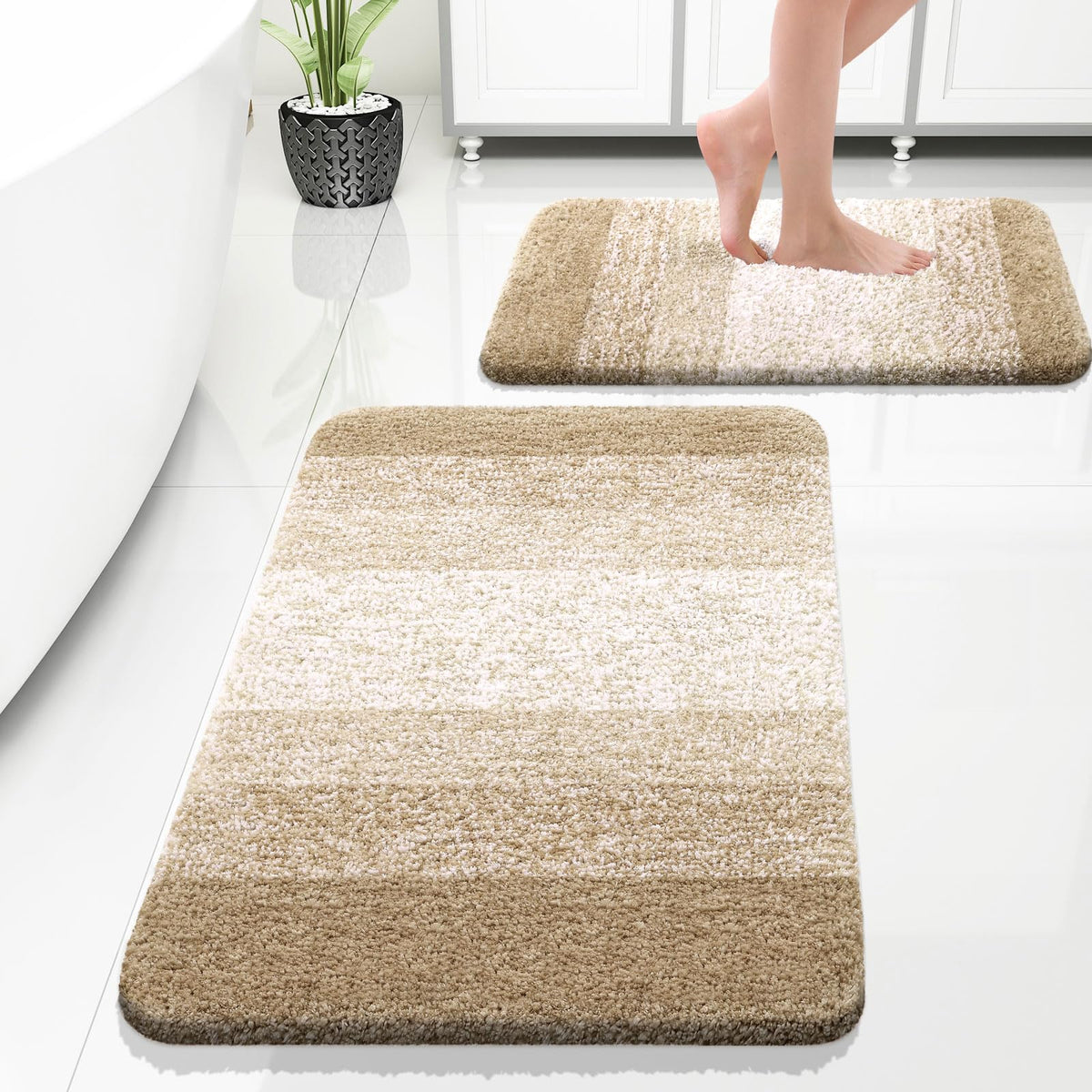 OLANLY Micorfiber Bathroom Rug Set 2 Piece, Soft Bath Mats, Olive Green