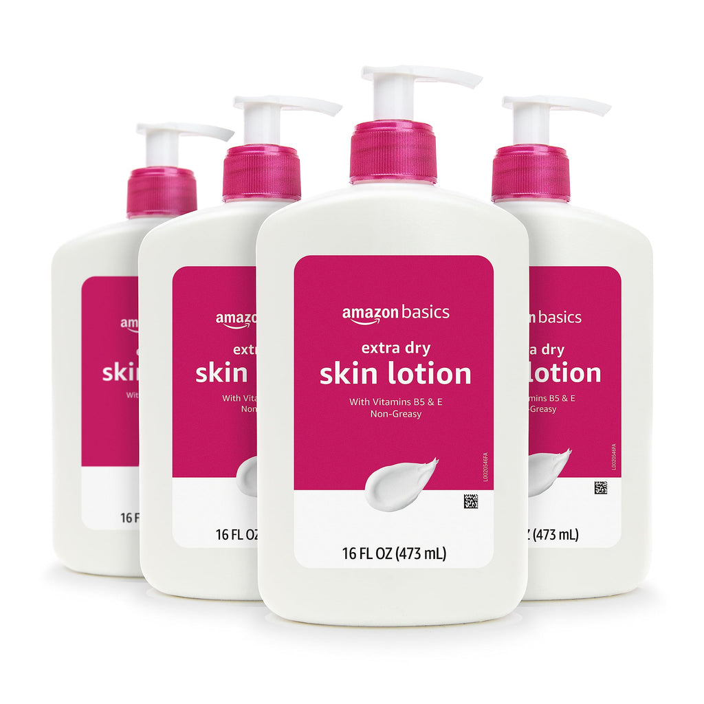 Amazon Basics Non-Greasy Body Moisturizer Lotion for Extra-Dry Skin with Vitamins B5 & E, Clean Scent, 16 fl oz, 4-Pack (Previously Solimo)